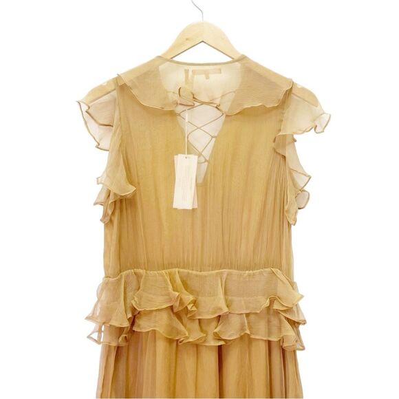 NWT New Friends Colony Maya Tan Chiffon Ruffled Lace-Up Maxi Dress Size Medium - Picture 6 of 13